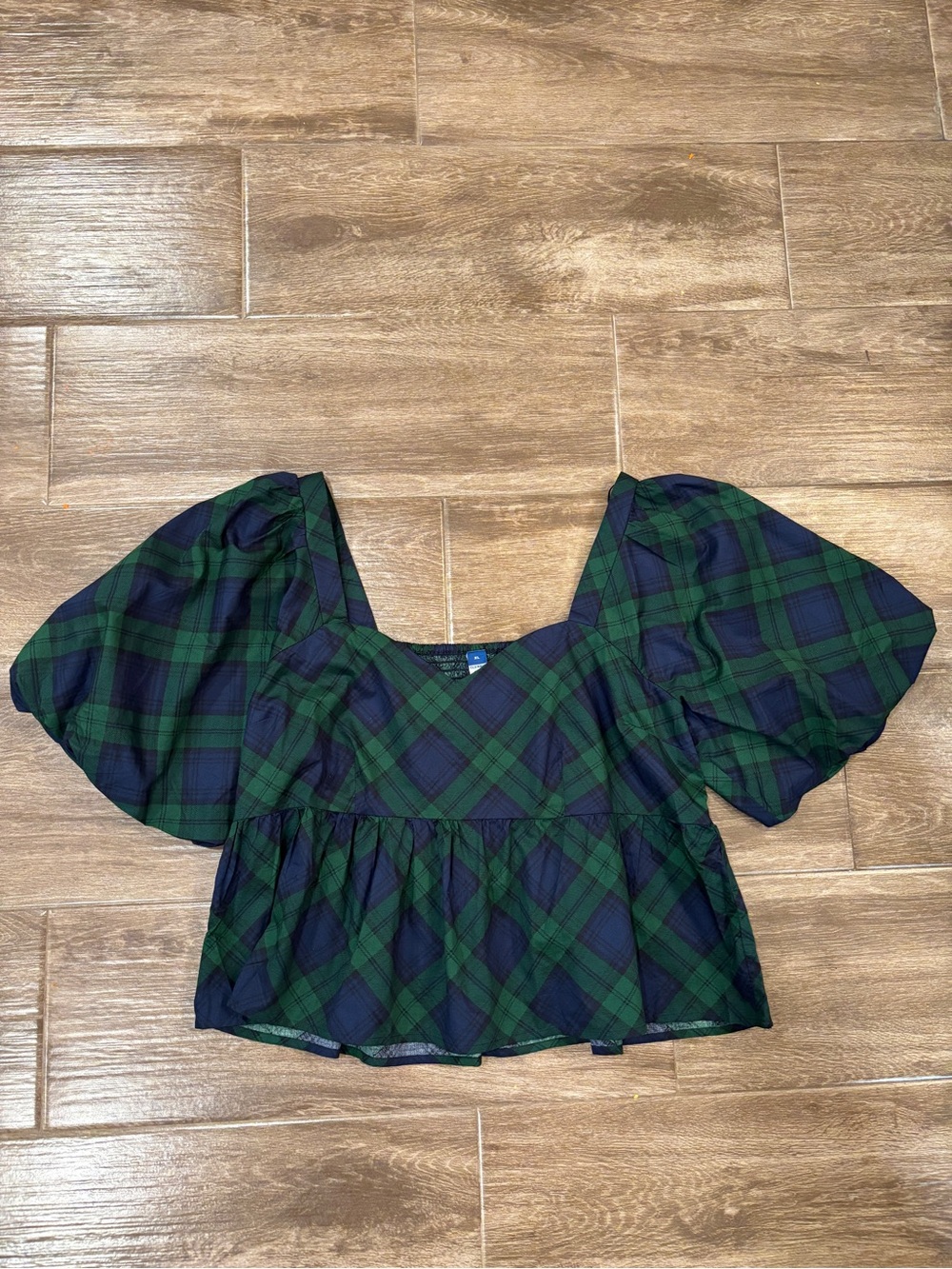 Old Navy & Green Plaid Puff-Sleeve Peplum Top Holiday Festive Sz XL Christmas